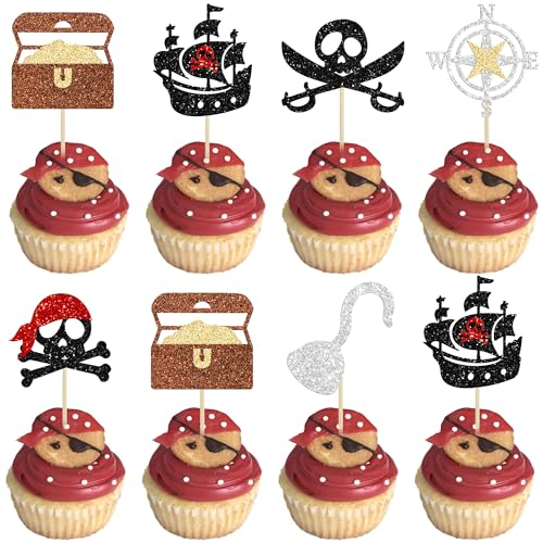 Gyufise 24 Stück Piraten-Cupcake-Topper, glitzernd, nautischer Segel-Totenkopf-Flagge, Cupcake-Picker für Piraten-Thema, Babyparty, Kindergeburtstag, Party, Kuchendekorationen, Zubehör von Gyufise