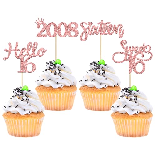 Gyufise 24 Stück rotgoldene Glitzer-Törtchen zum 16. Geburtstag, Hello Sweet 16 16 seit 2005, Cupcake-Picks für den 16. Geburtstag, Party-Kuchendekorationen von Gyufise