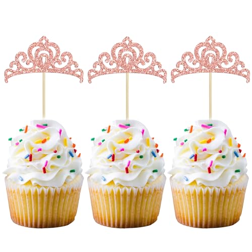 Gyufise 24 Stück rotgoldene Prinzessinnen-Kronen-Cupcake-Topper, Glitzer-Prinzessinnen-Kuchen-Dekorationen für Hochzeit, Mädchen, Geburtstag, Babyparty, Party-Dekorationen von Gyufise