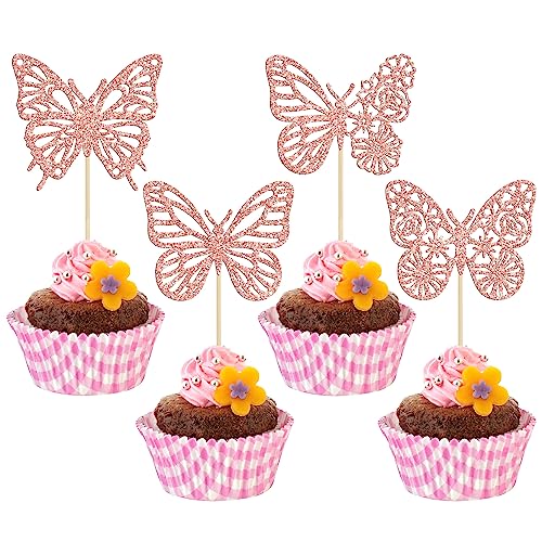 Gyufise 24 Stück rotgoldene glitzernde Schmetterlinge Cupcake Topper Babyparty Kuchen Picks Dekorationen für Hochzeit Jahrestag Kindergeburtstag Party Zubehör von Gyufise