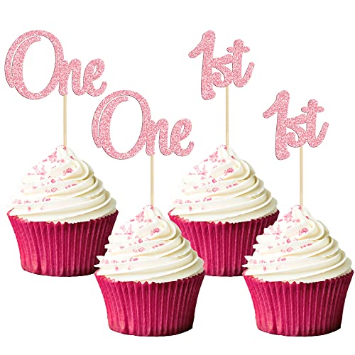 Gyufise 24 x Cupcake-Aufsätze, rosa Glitzer, 1. Geburtstag, Cupcake-Picker für Babyparty, 1. Geburtstag, Party, Kuchendekoration, Zubehör von Gyufise