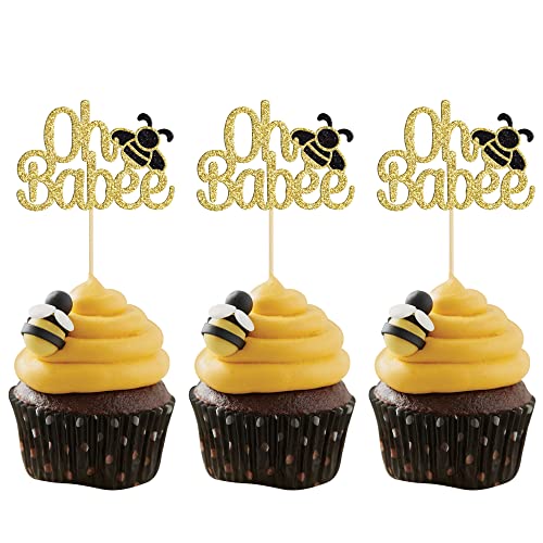 Gyufise 24 Stück Hummel-Cupcake-Topper Oh Babee Cupcake-Picker Gold Glitter Oh Baby Cupcake Picks für Babyparty Geburtstag Party Dekorationen Zubehör von Gyufise