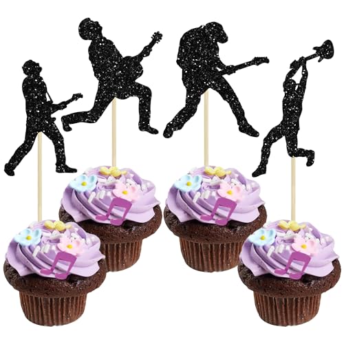 Gyufise 24 x Rockband-Cupcake-Topper, schwarzer Glitzer, Rock-Pop-Musik-Thema, Cupcake-Plektren, Musik-Kuchen-Dekorationen für Musik, Konzert, Thema, Geburtstagsparty-Zubehör von Gyufise