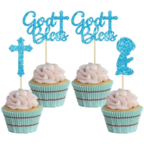 Gyufise 24 x blaue glitzernde Cupcake-Aufsätze mit Kreuz, Babyparty, Cupcake-Picker, christliche Party-Dekoration von Gyufise