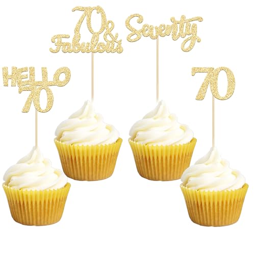 Gyufise Cupcake-Topper zum 70. Geburtstag, goldfarben, glitzernd, Hello 70, 70 und fabelhafte Cupcake-Picks für 70. Geburtstag, Kuchendekoration, 24 Stück von Gyufise