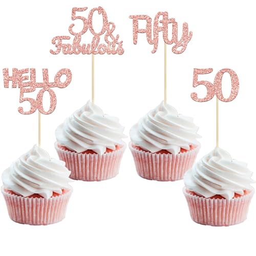 Gyufise 24 x rotgoldene glitzernde Cupcake-Topper zum 50. Geburtstag und tolle Kuchendekorationen, Hallo 50, fünfzig Cupcake-Picks zum 50. Geburtstag von Gyufise