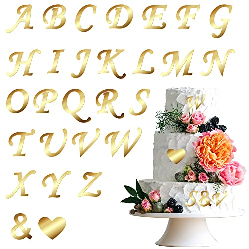 Gyufise 28 Stück goldene AcrylAlphabetKuchendekorationen mit AZBuchstaben verspiegelten Goldplektren für personalisierte NamensKuchendekorationen, Jahrestag, Hochzeit, Babyparty, Happy von Gyufise