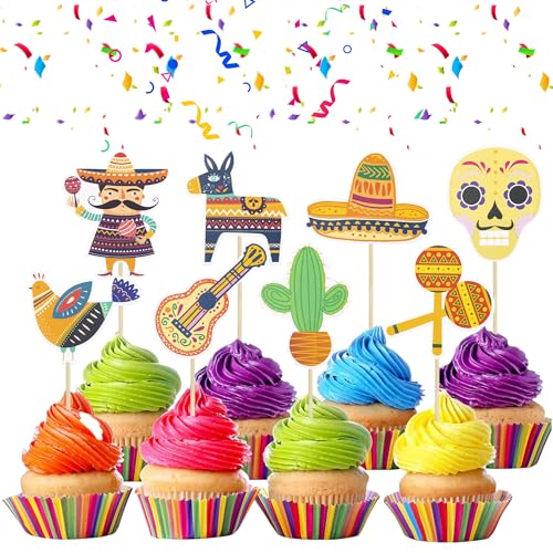 Gyufise 32 Stück Fiesta Cupcake Topper Mexikanische Themen Kuchen Dekorationen für mexikanische Themen Kaktus Esel Taco Pfeffer Sombrero Schnurrbart Babyshower Party Dekorationen von Gyufise