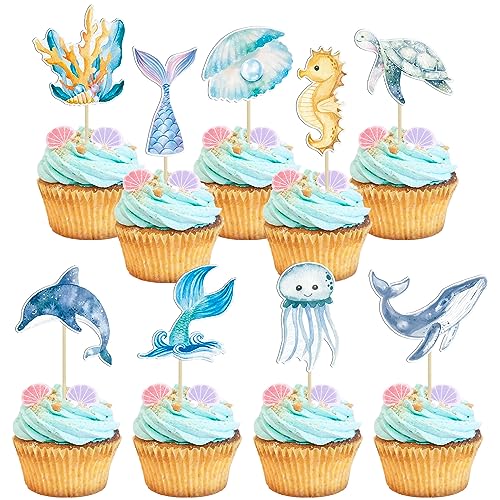 Gyufise 36 Stück Meerjungfrauen-Cupcake-Topper unter dem Meer Schildkröten Oktopus Meerjungfrauenschwanz Cupcake Picks Seepferdchen Koralle Kuchen Dekorationen für unter dem Meer Thema Babyparty von Gyufise