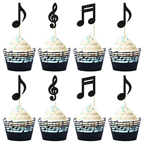 Gyufise 36 Stück Musiknoten, Cupcake-Topper und Wrapper, glitzernde Musik-Symbole, Cupcake-Plektren für Rockmusik, Thema, Babyparty, Kindergeburtstag, Party, Kuchendekorationen, Zubehör von Gyufise