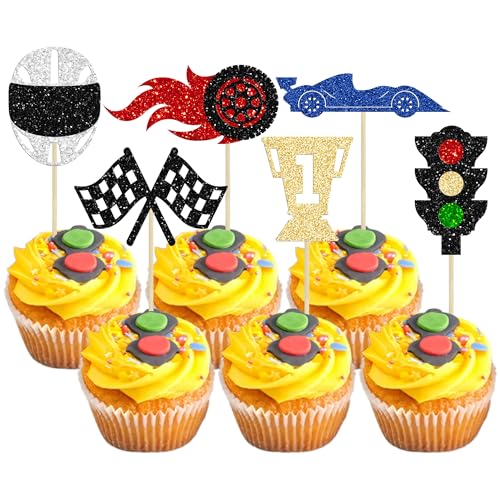 Gyufise Cupcake-Aufsätze für Rennwagen, glitzernd, Ampelrad, Trophäe, Helm, Rennwagen, Cupcake-Picks für Let's Go Rennsport, Motto-Party, Babyparty, Jungen, Geburtstagsparty, Kuchenzubehör, 24 Stück Gyufise Cupcake-Aufsätze für Rennwagen, glitzernd, Ampelrad, Trophäe, Helm, Rennwagen, Cupcake-Picks für Let's Go Rennsport, Motto-Party, Babyparty, Jungen, Geburtstagsparty, Kuchenzubehör, 24 Stück von Gyufise