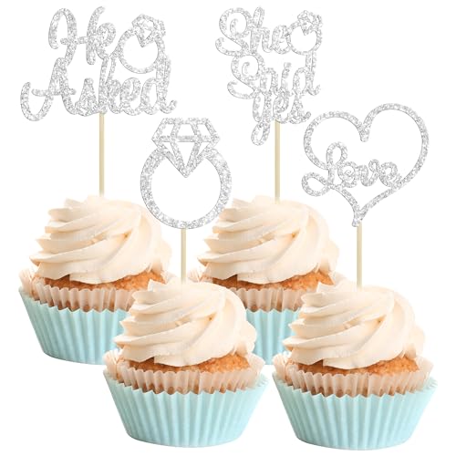 Gyufise Cupcake-Aufsätze mit silberfarbenem Glitzer, Aufschrift "He Asked She Said Ye", Diamant-Ring, Herz, Kuchenspieße für Hochzeit, Verlobung, Party, Kuchendekoration, 24 Stück Gyufise Cupcake-Aufsätze mit silberfarbenem Glitzer, Aufschrift "He Asked She Said Ye", Diamant-Ring, Herz, Kuchenspieße für Hochzeit, Verlobung, Party, Kuchendekoration, 24 Stück von Gyufise