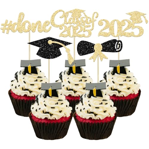 Gyufise UKZN0334-B Cupcake-Topper zum Schulabschluss 2023, Gold und Schwarz, Glitzer, Klasse der Kuchen, Diplom, Dekorationen für Themenpartys, 30 Stück von Gyufise