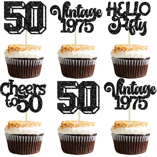 Gyufise Cupcake-Topper "Happy 50th Birthday", Sterne, 50, Hello Fifty, Vintage 1975, Cupcake-Picks, Cheers to 50. Geburtstag, Dekoration für 50. Geburtstag, Jahrestag, Party-Dekorationen, Zubehör, Gyufise Cupcake-Topper "Happy 50th Birthday", Sterne, 50, Hello Fifty, Vintage 1975, Cupcake-Picks, Cheers to 50. Geburtstag, Dekoration für 50. Geburtstag, Jahrestag, Party-Dekorationen, Zubehör, von Gyufise