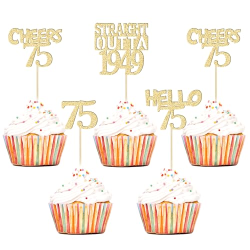 Gyufise Cupcake-Topper "Happy 75th", glitzernd, 50 Stück, gerade Outta 1949, Cupcake-Picks, Cheers to 75 Years Birthday, Kuchendekorationen für Happy 75th Birthday Anniversary Partyzubehör, von Gyufise