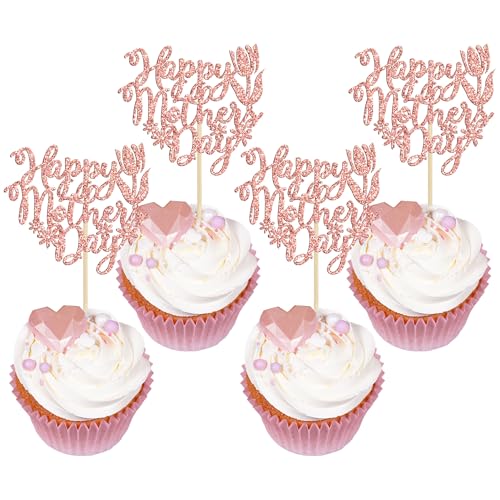 Gyufise Cupcake-Topper "Happy Mother's Day", Glitzer-Rose, Blume, Liebe, Mutter, beste Mutter, Cupcake-Essen, für Frauen, Geburtstag, Mottoparty, Kuchendekorationen, Zubehör, Roségold, 24 Stück Gyufise Cupcake-Topper "Happy Mother's Day", Glitzer-Rose, Blume, Liebe, Mutter, beste Mutter, Cupcake-Essen, für Frauen, Geburtstag, Mottoparty, Kuchendekorationen, Zubehör, Roségold, 24 Stück von Gyufise