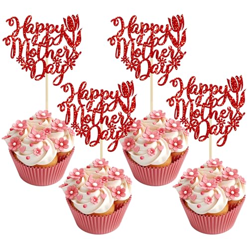 Gyufise Cupcake-Topper "Happy Mother's Day", Glitzer-Rose, Blume, "Love You Mom", Cupcake-Picks, beste Mama-Kuchendekorationen für Frauen, Partyzubehör, Rot, 24 Stück von Gyufise