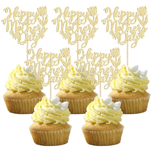 Gyufise Cupcake-Topper "Happy Mother's Day", glitzernd, Herz, Rose, Blume, Liebe, Mutter, Cupcake-Picks, beste Mutter, Kuchendekorationen für Frauen, Geburtstagsparty, Zubehör, Gold, 24 Stück Gyufise Cupcake-Topper "Happy Mother's Day", glitzernd, Herz, Rose, Blume, Liebe, Mutter, Cupcake-Picks, beste Mutter, Kuchendekorationen für Frauen, Geburtstagsparty, Zubehör, Gold, 24 Stück von Gyufise