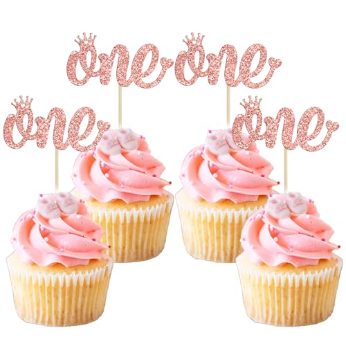 Gyufise Cupcake-Topper zum 1. Geburtstag, Rotgold, 24 Stück, für Babyparty, Kinder, zum ersten Geburtstag, Party, Kuchendekoration, Zubehör von Gyufise