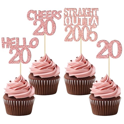 Gyufise Cupcake-Topper mit Aufschrift "Cheers to 20 Years Birthday", glitzernd, 24 Stück, 2005, Cupcake-Picks, Happy 20th Birthday, Jahrestag, Partyzubehör, Roségold Gyufise Cupcake-Topper mit Aufschrift "Cheers to 20 Years Birthday", glitzernd, 24 Stück, 2005, Cupcake-Picks, Happy 20th Birthday, Jahrestag, Partyzubehör, Roségold von Gyufise
