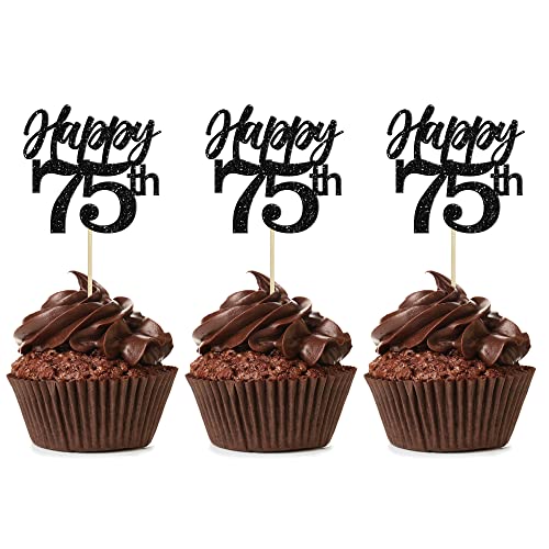 Gyufise Cupcake-Topper mit Aufschrift "Happy 75th", glitzernd, Zahl 75, Seventy Five Cheers to 75, Cupcake-Dekorationen für 75. Geburtstag, Hochzeit, Jahrestag, Partyzubehör, Schwarz, 24 Stück Gyufise Cupcake-Topper mit Aufschrift "Happy 75th", glitzernd, Zahl 75, Seventy Five Cheers to 75, Cupcake-Dekorationen für 75. Geburtstag, Hochzeit, Jahrestag, Partyzubehör, Schwarz, 24 Stück von Gyufise