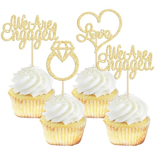 Gyufise Cupcake-Topper mit Aufschrift "We're Engaged", glitzernd, Brautparty, Diamantring, Liebe, Herz, Cupcake-Picks, Hochzeit, Verlobung, Mottoparty, Kuchendekorationen, 24 Stück von Gyufise