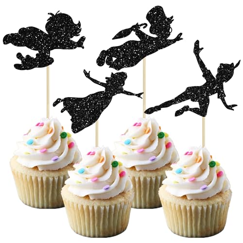 Gyufise 24 Stück schwarze Glitzer Never Grow Up Cupcake Toppers P Pan Cake Toppers Baby Shower Never Grow Up Cupcake Picks for Neverland Theme Boys Girls Adults Birthday Party Cake Decorations von Gyufise