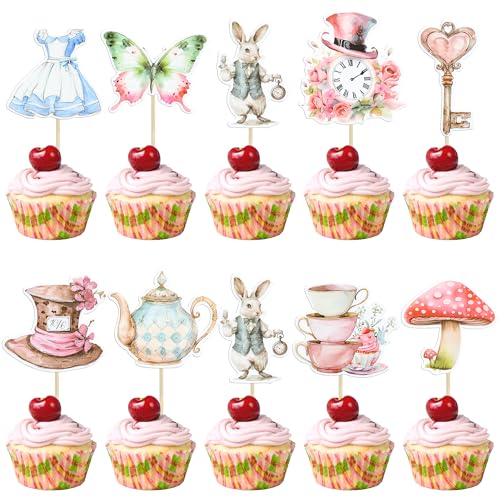 Gyufise Cupcake-Topper mit Wunderland-Thema, Schlüssel, Hase, Schmetterling, Alice Girl, Cupcake-Picks, verrückter Hutmacher, Blume, Teeparty-Dekorationen für Babyparty, Geburtstag, Party, Gyufise Cupcake-Topper mit Wunderland-Thema, Schlüssel, Hase, Schmetterling, Alice Girl, Cupcake-Picks, verrückter Hutmacher, Blume, Teeparty-Dekorationen für Babyparty, Geburtstag, Party, von Gyufise