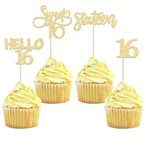 Gyufise Cupcake-Topper zum 16. Geburtstag, Gold, glitzernd, Süßigkeit, 16 Kuchendekorationen, Hello 16 Sixteen Cupcake-Picker für den 16. Geburtstag, 24 Stück Gyufise Cupcake-Topper zum 16. Geburtstag, Gold, glitzernd, Süßigkeit, 16 Kuchendekorationen, Hello 16 Sixteen Cupcake-Picker für den 16. Geburtstag, 24 Stück von Gyufise