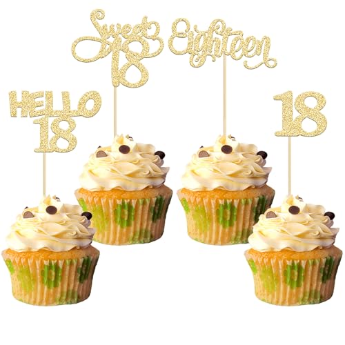 Gyufise Cupcake-Topper zum 18. Geburtstag, Gold, glitzernd, Sweet 18 Hello 18 Eighteen Cupcake-Picker für 18. Geburtstag, Kuchendekoration, Zubehör Gyufise Cupcake-Topper zum 18. Geburtstag, Gold, glitzernd, Sweet 18 Hello 18 Eighteen Cupcake-Picker für 18. Geburtstag, Kuchendekoration, Zubehör von Gyufise