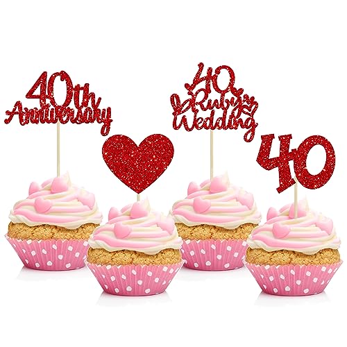Gyufise Cupcake-Topper zum 40. Jahrestag, Herz-Kuchenaufsätze, Rubinhochzeit, Herz-Kuchendekoration für 40 Jahre und Partyzubehör, 24 Stück Gyufise Cupcake-Topper zum 40. Jahrestag, Herz-Kuchenaufsätze, Rubinhochzeit, Herz-Kuchendekoration für 40 Jahre und Partyzubehör, 24 Stück von Gyufise