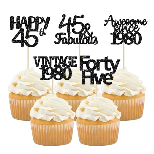 Gyufise Cupcake-Topper zum 45. Geburtstag, mit schwarzem Glitzer, 30 Stück, Vintage 1980, tolle seit 1980, 45 fabelhafte Cupcake-Picks, 45. Geburtstag, Hochzeitstag, Party-Kuchendekorationen Gyufise Cupcake-Topper zum 45. Geburtstag, mit schwarzem Glitzer, 30 Stück, Vintage 1980, tolle seit 1980, 45 fabelhafte Cupcake-Picks, 45. Geburtstag, Hochzeitstag, Party-Kuchendekorationen von Gyufise