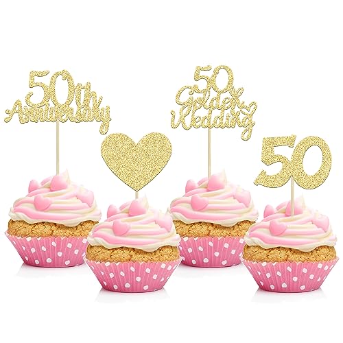 Gyufise Cupcake-Topper zum 50. Hochzeitstag, goldfarbener Glitzer, Herz-Kuchendekoration für Feiern, 50. Hochzeitstag, Partyzubehör, 24 Stück Gyufise Cupcake-Topper zum 50. Hochzeitstag, goldfarbener Glitzer, Herz-Kuchendekoration für Feiern, 50. Hochzeitstag, Partyzubehör, 24 Stück von Gyufise
