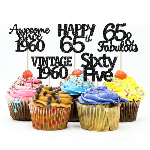 Gyufise Cupcake-Topper zum 65. Geburtstag, goldfarben, glitzernd, Vintage-Kuchenaufsätze aus dem Jahr 1960, Hello 65, 65 und fabelhafte Cupcake-Picks, Kuchendekorationen zum 65. Geburtstag, 30 Stück von Gyufise