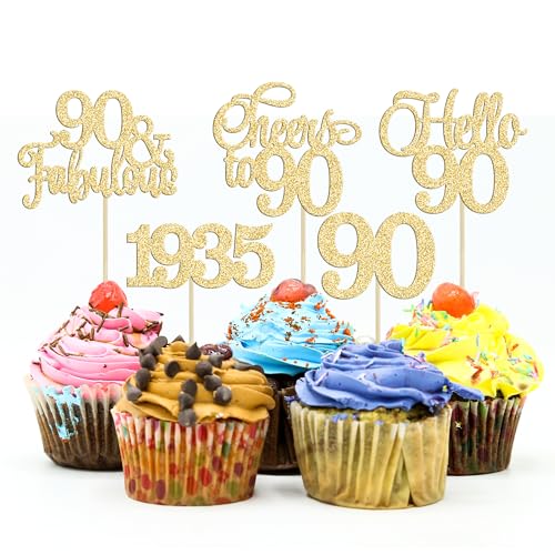 Gyufise Cupcake-Topper zum 90. Geburtstag, 90 fabelhafte Cupcake-Picks, Cheers to 90, 1933, Kuchendekorationen für Happy 90. Geburtstag, Hochzeitstag, Partydekoration, Zubehör, Gold, 30 Stück von Gyufise