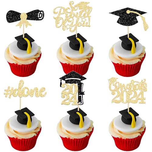 Gyufise Cupcake-Topper zum Schulabschluss, 2024, goldfarben, glitzernd, Klasse 2024, Cupcake-Topper, Zubehör, "So Proud of You", Diplom, Cupcake-Picks für Abschlussfeier, Party-Dekorationen 2024, 24 von Gyufise