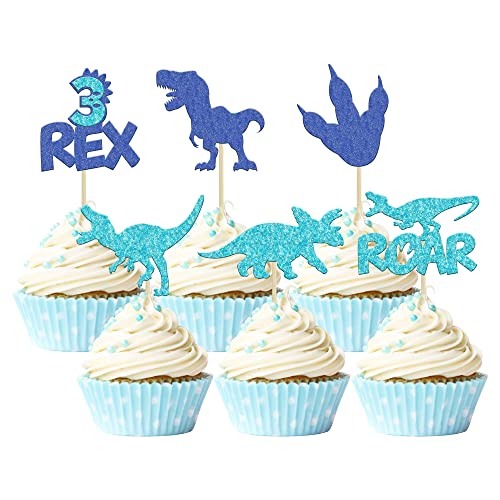 Gyufise Dinosaurier-Cupcake-Dekorationen, blau, glitzernd, 3 Rex-Dinosaurier-Cupcake-Picker, drei Jahre alt, Dino-Thema, Babyparty, 3. Geburtstag, Party, Kuchendekoration, 24 Stück von Gyufise