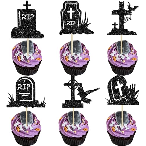 Gyufise Halloween-Grabstein-Cupcake-Topper, Glitzer, Friedhofsgräber, Zombie-Kreuz, Cupcake-Picks für Halloween, Motto-Party, Geburtstagsparty, Kuchendekorationen, Zubehör, 24 Stück Gyufise Halloween-Grabstein-Cupcake-Topper, Glitzer, Friedhofsgräber, Zombie-Kreuz, Cupcake-Picks für Halloween, Motto-Party, Geburtstagsparty, Kuchendekorationen, Zubehör, 24 Stück von Gyufise