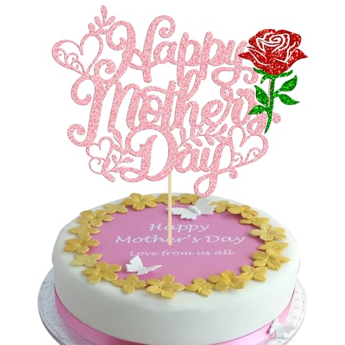 Gyufise Tortenaufsatz "Happy Mother's Day", Glitzer-Rose, Blume, Herz, beste Mutter, Kuchendekoration für Frauen, Geburtstag, Mottoparty, Kuchendekoration, Zubehör, Rosa, 1 Stück von Gyufise
