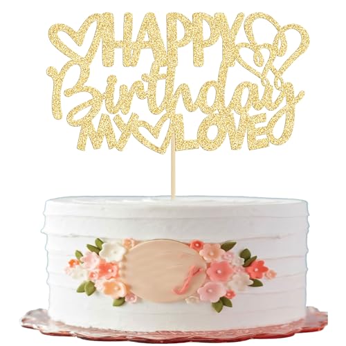 Gyufise Tortenaufsatz mit Herz, goldfarben, Aufschrift "Happy Birthday My Love", für Ehefrau, Ehemann, Kinder oder Eltern, 1 Stück von Gyufise
