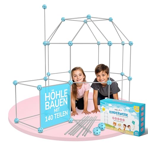 H E L P Y® KINDERWERK - Konstruktionsspielzeug – 140-teiliges Set zum Höhle Bauen für Kinder – Unterstützt Kreativität & räumliches Denken – Indoor & Outdoor Spielzeug (blau/grau) von H E L P Y