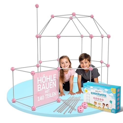 H E L P Y® KINDERWERK - Konstruktionsspielzeug – 140-teiliges Set zum Höhle Bauen für Kinder – Unterstützt Kreativität & räumliches Denken – Indoor & Outdoor Spielzeug (rosa/grau) von H E L P Y