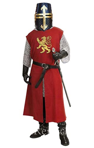 Mittelalterliche Ritter-Tunika, Cosplay, Herren-Mantel, Rampant-Löwe-Stickerei, ärmellos, Tunika, Larpenkostüm, Größe 3XL, Rot von H H C