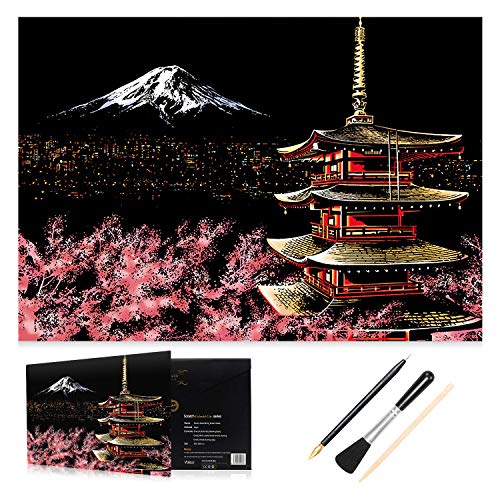 H HOMEWINS Kratzbilder 405 x 285 MM Weltberühmte Sehenswürdigkeiten Wandbild DIY Kunst Zeichnung City Night View Schwarz Beschichtet Bunte Kratzpapier mit Werkzeug Set (Berg Fuji) von H HOMEWINS