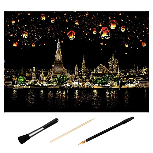 H HOMEWINS Kratzbilder 405 x 285 MM Weltberühmte Sehenswürdigkeiten Wandbild DIY Kunst Zeichnung City Night View Schwarz Beschichtet Bunte Kratzpapier mit Werkzeug Set (Chiang Mai) von H HOMEWINS