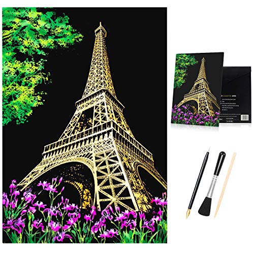 H HOMEWINS Kratzbilder 405 x 285 MM Weltberühmte Sehenswürdigkeiten Wandbild DIY Kunst Zeichnung City Night View Schwarz Beschichtet Bunte Kratzpapier mit Werkzeug Set (Eiffelturm) von H HOMEWINS