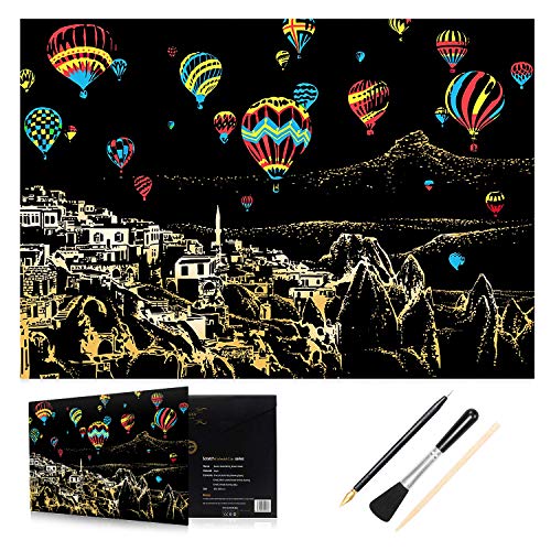 H HOMEWINS Kratzbilder 405 x 285 MM Weltberühmte Sehenswürdigkeiten Wandbild DIY Kunst Zeichnung City Night View Schwarz Beschichtet Bunte Kratzpapier mit Werkzeug Set (Heißluftballon) von H HOMEWINS