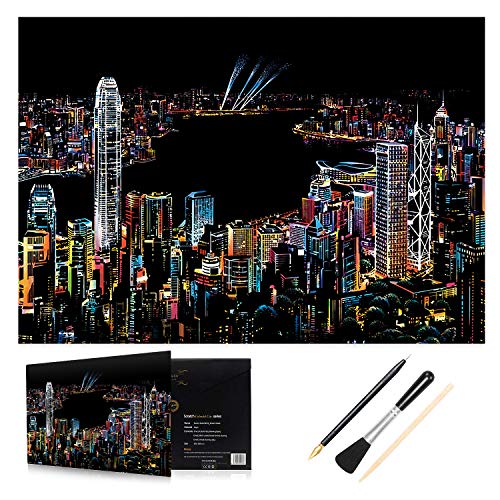 H HOMEWINS Kratzbilder 405 x 285 MM Weltberühmte Sehenswürdigkeiten Wandbild DIY Kunst Zeichnung City Night View Schwarz Beschichtet Bunte Kratzpapier mit Werkzeug Set (Hong Kong) von H HOMEWINS