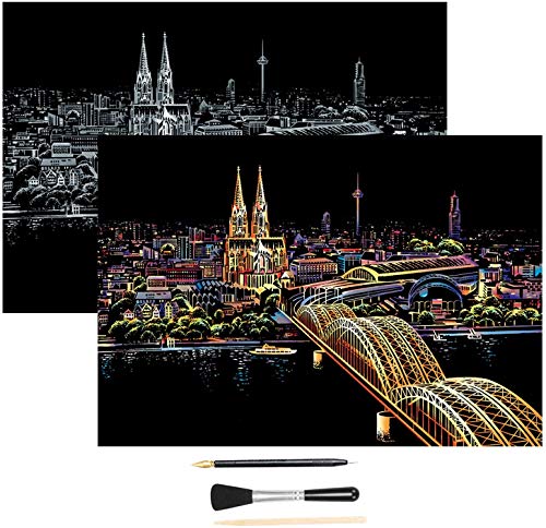 H HOMEWINS Kratzbilder 405 x 285 MM Weltberühmte Sehenswürdigkeiten Wandbild DIY Kunst Zeichnung City Night View Schwarz Beschichtet Bunte Kratzpapier mit Werkzeug Set (Kölner Dom) von H HOMEWINS