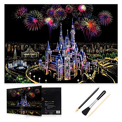 H HOMEWINS Kratzbilder 405 x 285 MM Weltberühmte Sehenswürdigkeiten Wandbild DIY Kunst Zeichnung City Night View Schwarz Beschichtet Bunte Kratzpapier mit Werkzeug Set (Traumschloss) von H HOMEWINS